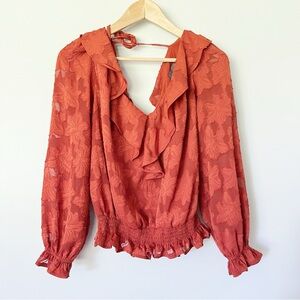 By Anthropologie Blouse Size Small Floral Crimson Orange Red Open Back Top Sheer